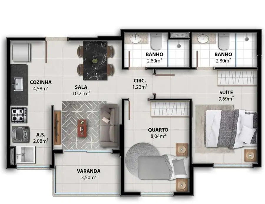 Planta 2 quartos com suíte