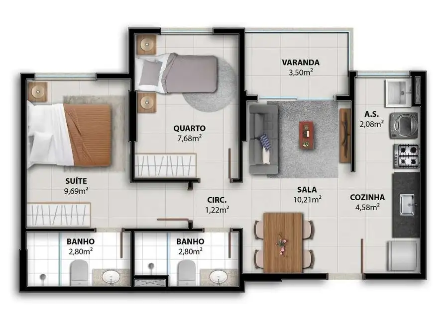 Planta 3 quartos com suíte